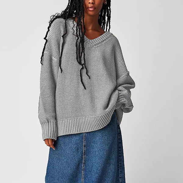 Damen V-Ausschnitt Oversized Pullover mit strukturiertem Strickmuster WW