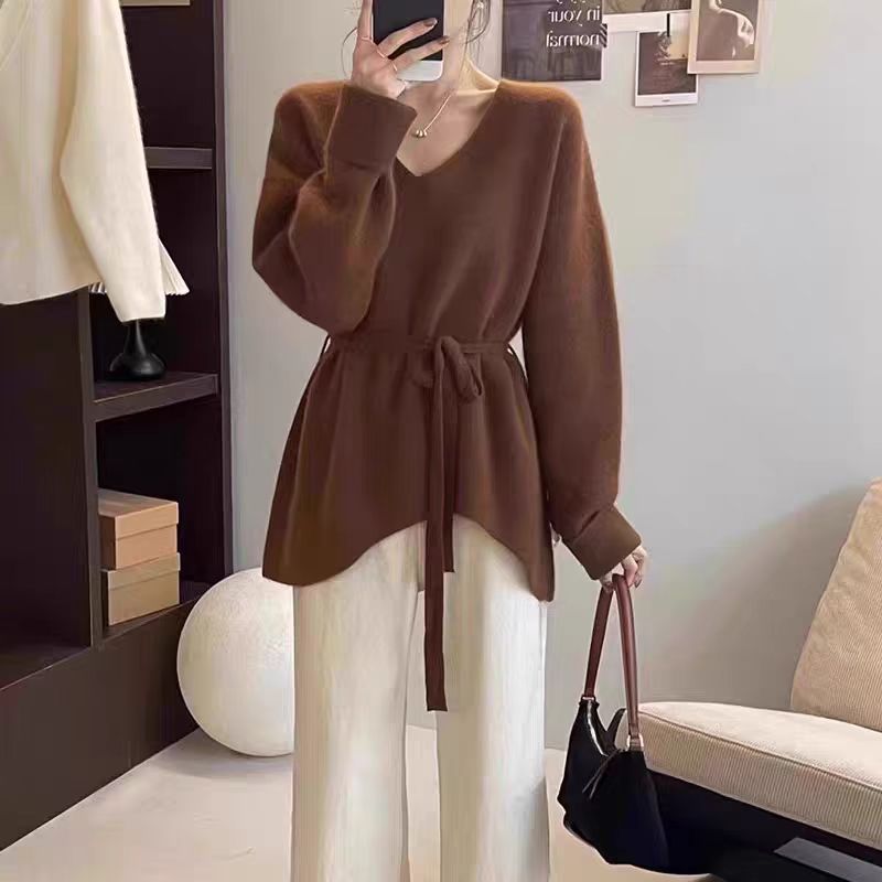 Damen Strickpullover mit V-Ausschnitt und Taillengürtel WW