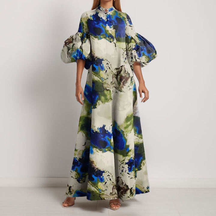 Damen Maxi-Kleid mit Volantärmeln und abstraktem Muster W&W Mode