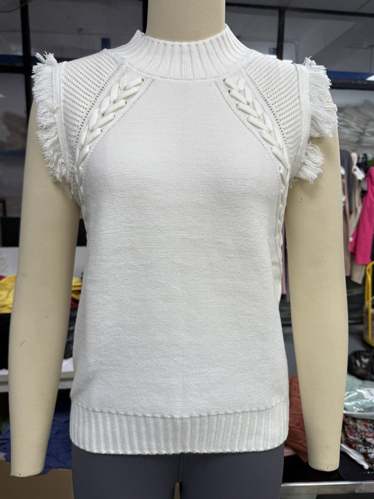 Damen elegantes Stricktop mit raffiniertem Häkelmuster und Fransen WW