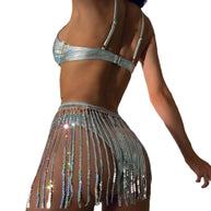 Damen Glitzernder Bauchfreies Top mit Glitzerfransen W&W