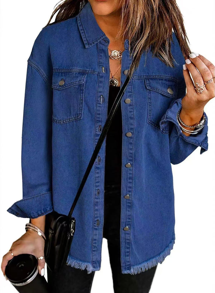 Damen Oversized Jeanshemd mit Fransen WW