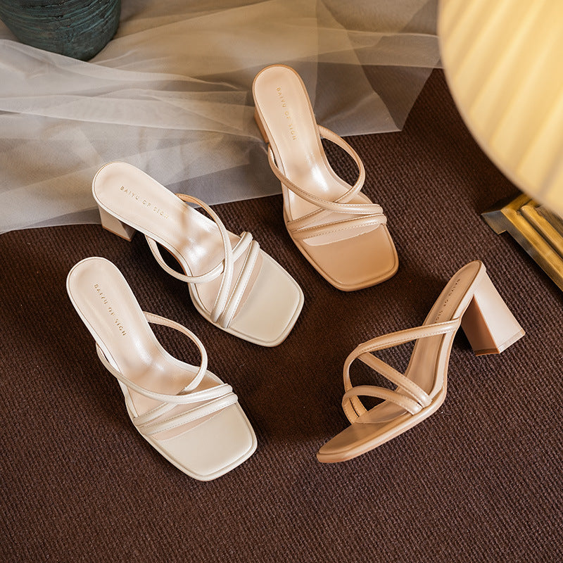 Damen Quadratzehen Chunky Heel Slide Sandalen WW