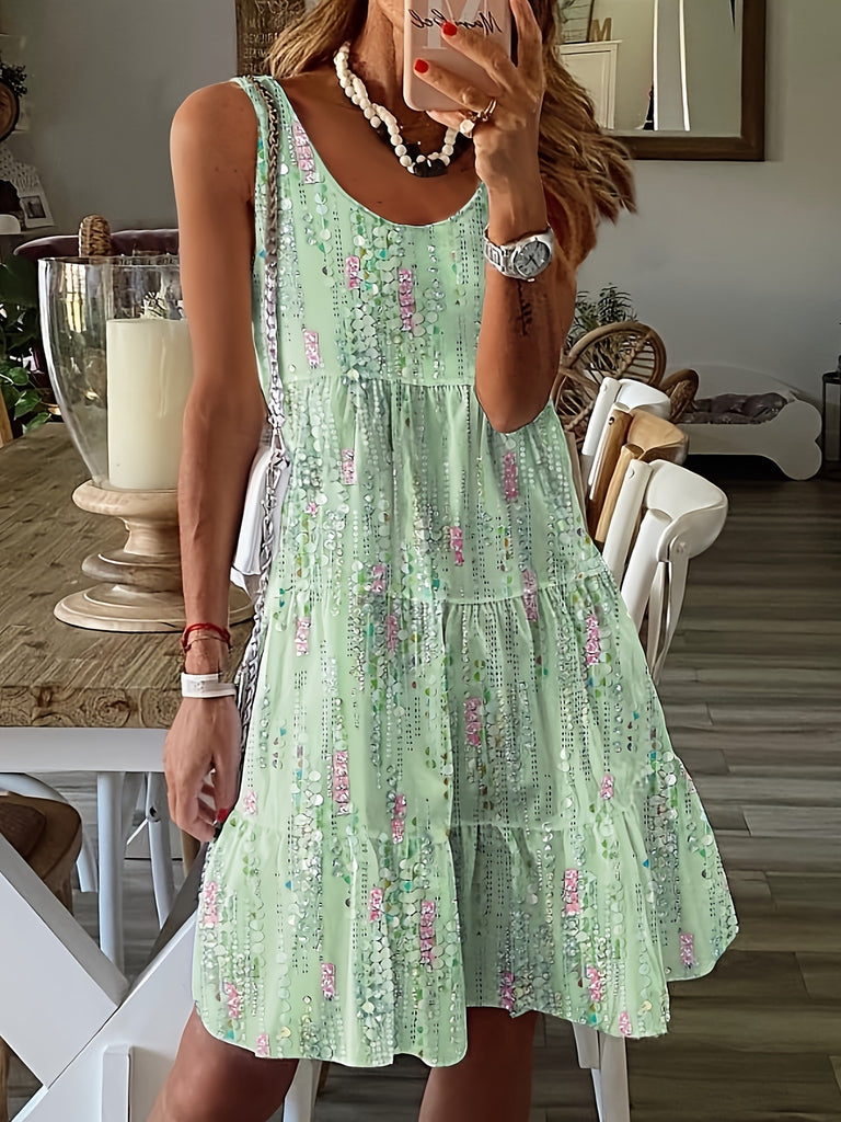 Damen luftiges Freizeitkleid mit schwingendem Volant und verspieltem Druck WW