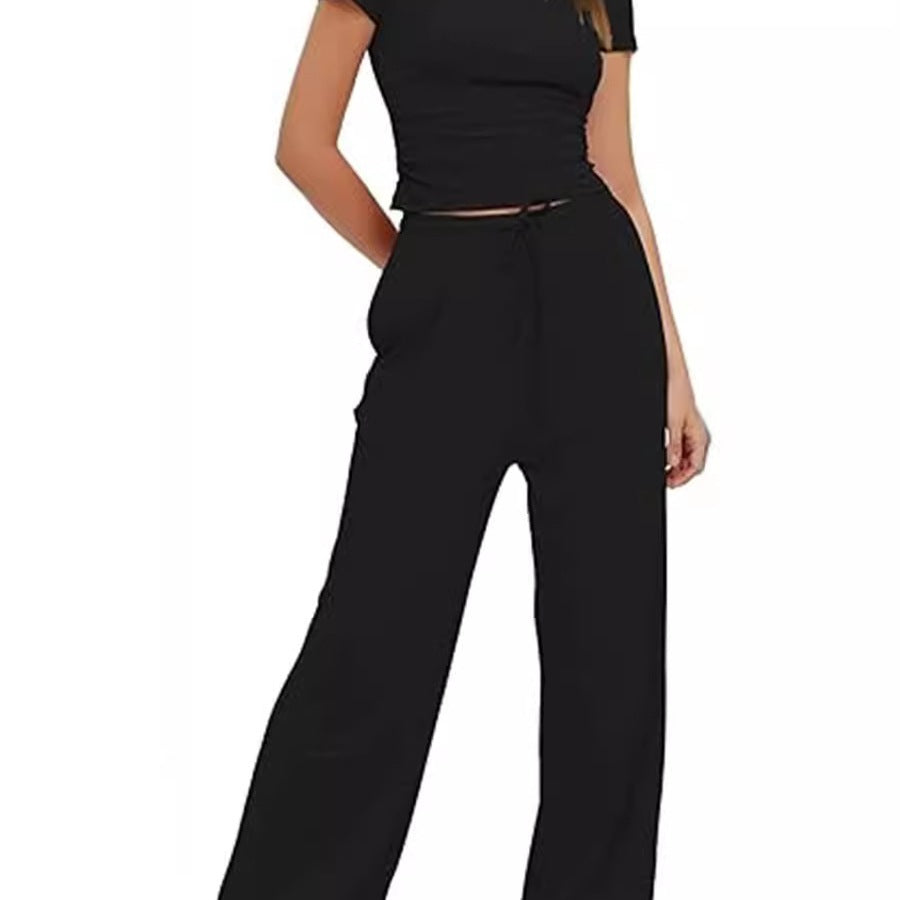 Damen lässiger Zweiteiler mit cropped Oberteil und weitem Beinkleid WW