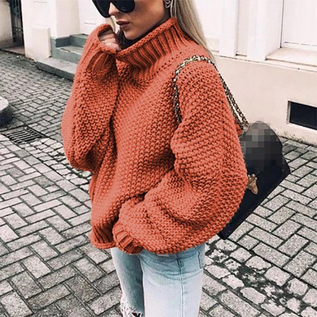 Damen Grobstrick Pullover mit Stehkragen und voluminösen Ärmeln WW