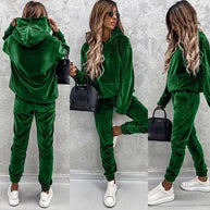 Damen sportliches Velours-Loungewear-Set mit Kapuze und elastischem Bund WW