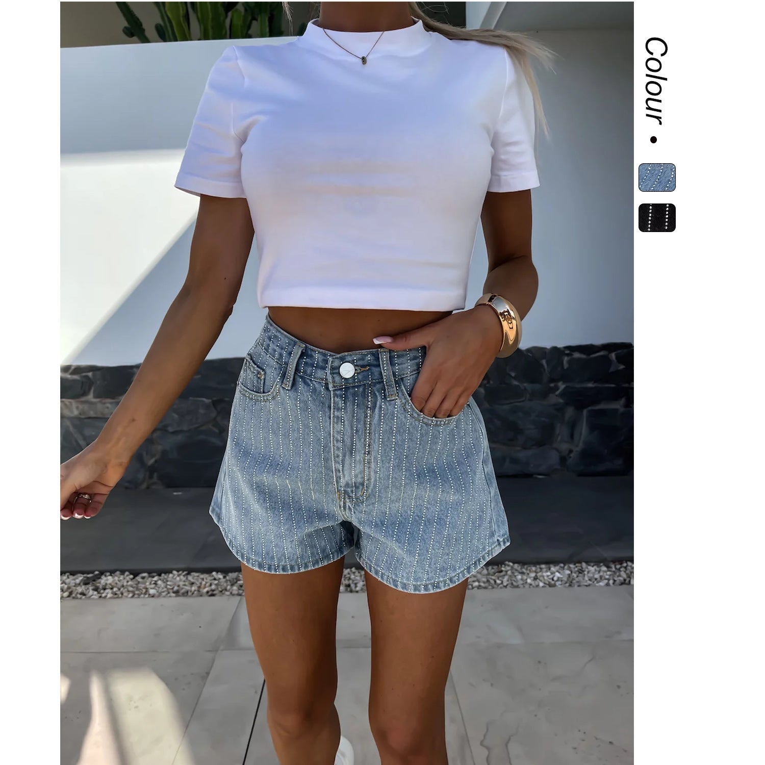 Damen Denim-Shorts mit klassischem Schnitt und feinen Nadelstreifen WW