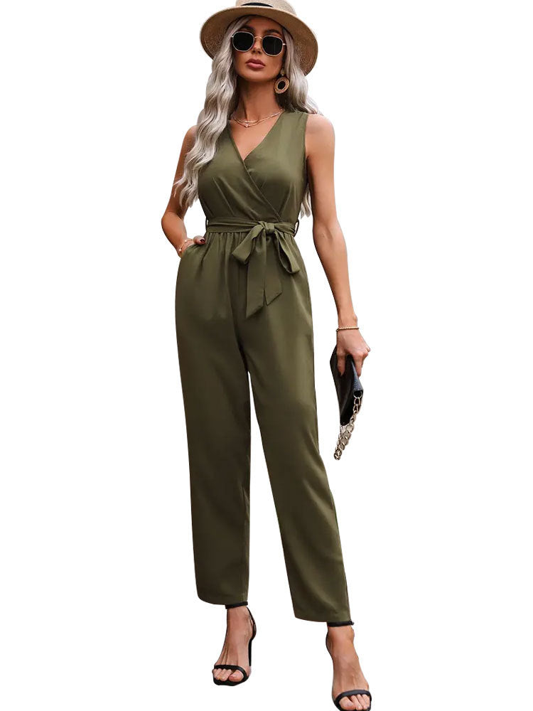 Damen eleganter Wickel-Jumpsuit mit Taillengürtel W&W