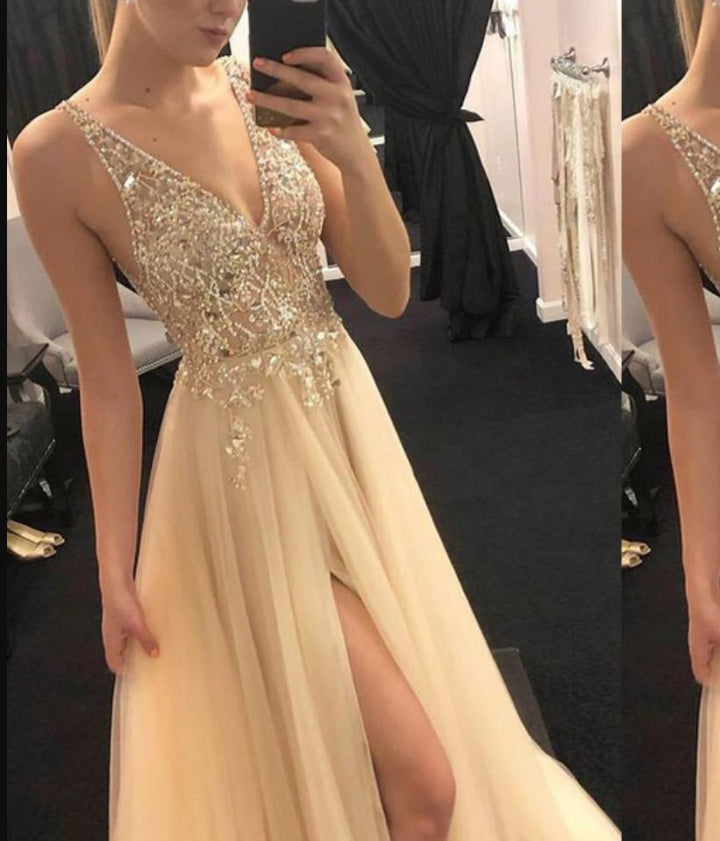 Damen-Abendkleid mit tiefem V-Ausschnitt, Pailletten und langem Rock