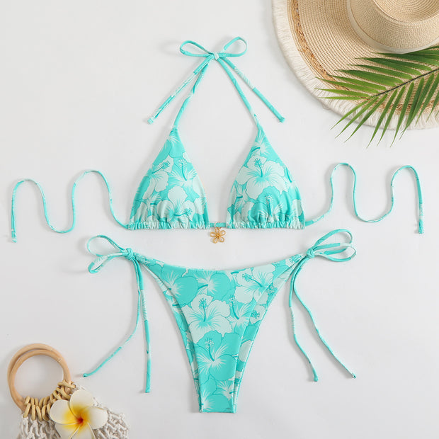 WW | Damen Triangel-Bikini-Set mit verspieltem Blumenmuster und Bindebändern