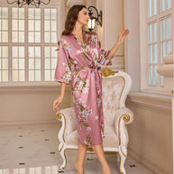 Damen Floral Satin Robe mit offenem Schlitz WW
