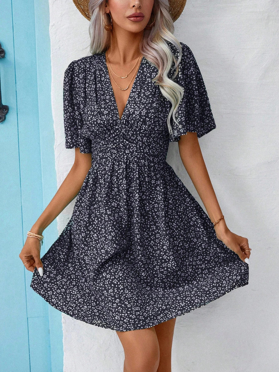 Damen Blütenmuster Kleid mit V-Ausschnitt und kurzen Ärmeln WW
