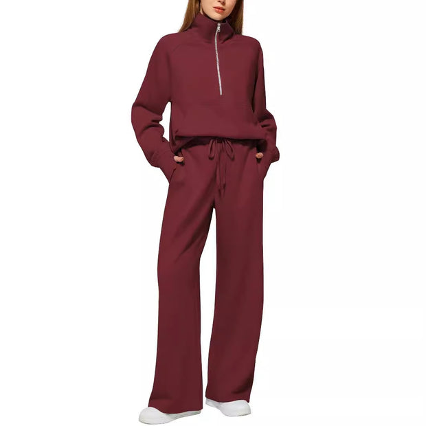 Damen Sportliches Loungewear-Set mit hohem Kragen und weiten Beinen WW