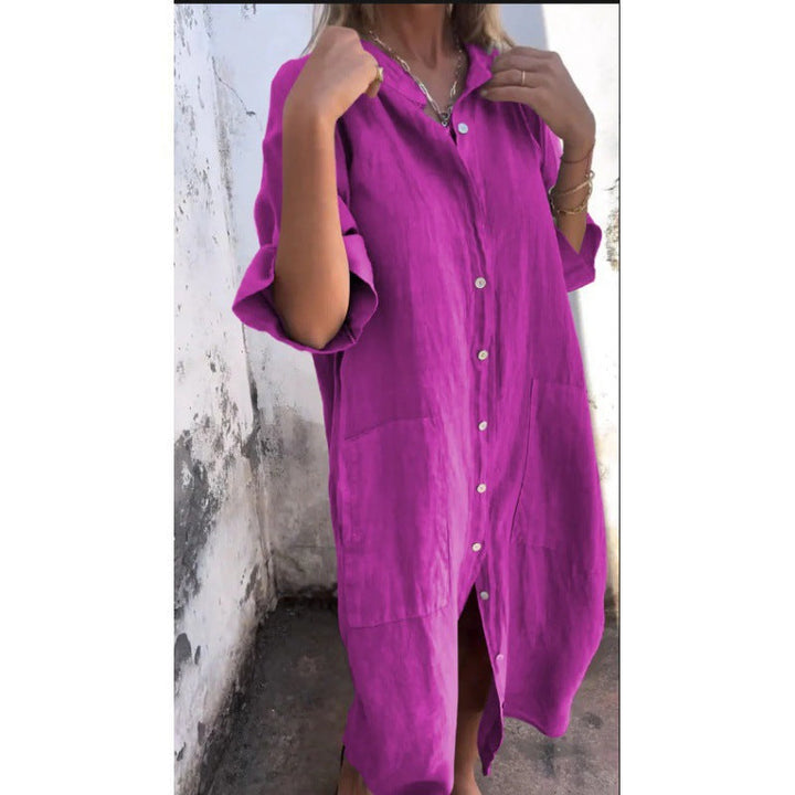 W&W Mode | Lockere lässige Baumwolle-Leinen Hemdkleid mit halben Ärmeln