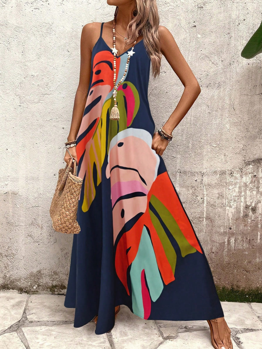 Damen Sommerliches Maxikleid mit buntem Blattdruck WW