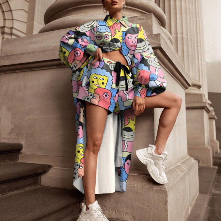 Damen Oversized Hemd mit grafischem Print und kurzer Hosenkombination W&W Mode