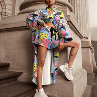 Damen Oversized Hemd mit grafischem Print und kurzer Hosenkombination WW