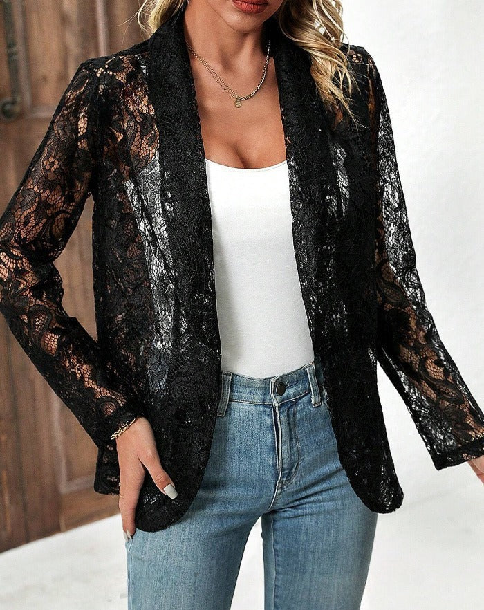 Damen leichte Spitzenjacke mit lässigem Schnitt und offene Front W&W Mode