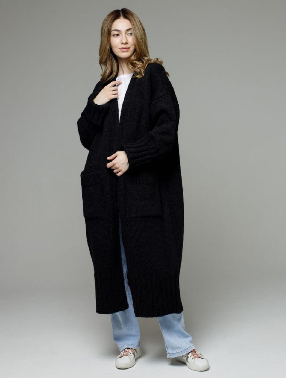 Damen bequemer langer Strickcardigan mit Taschen und breiten Ärmeln WW