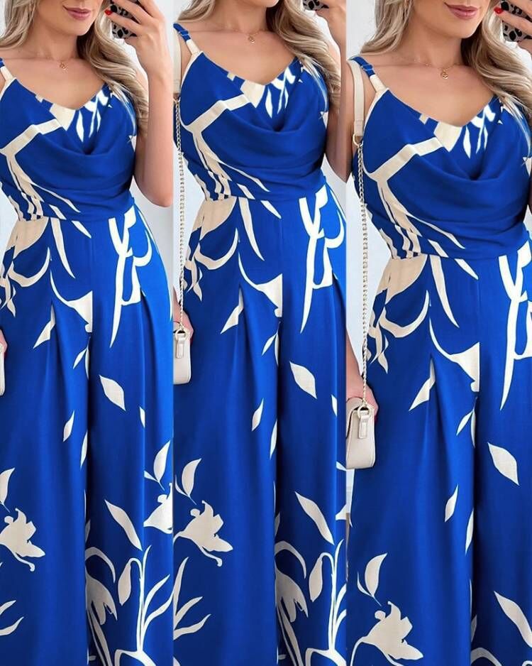 Damen Eleganter Jumpsuit mit fließendem Stoff und modischem Blumenmuster WW