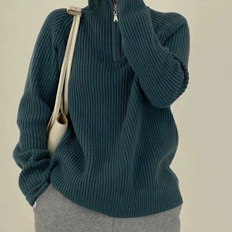 Gestreifter Turtleneck Damenpullover mit Reißverschluss
