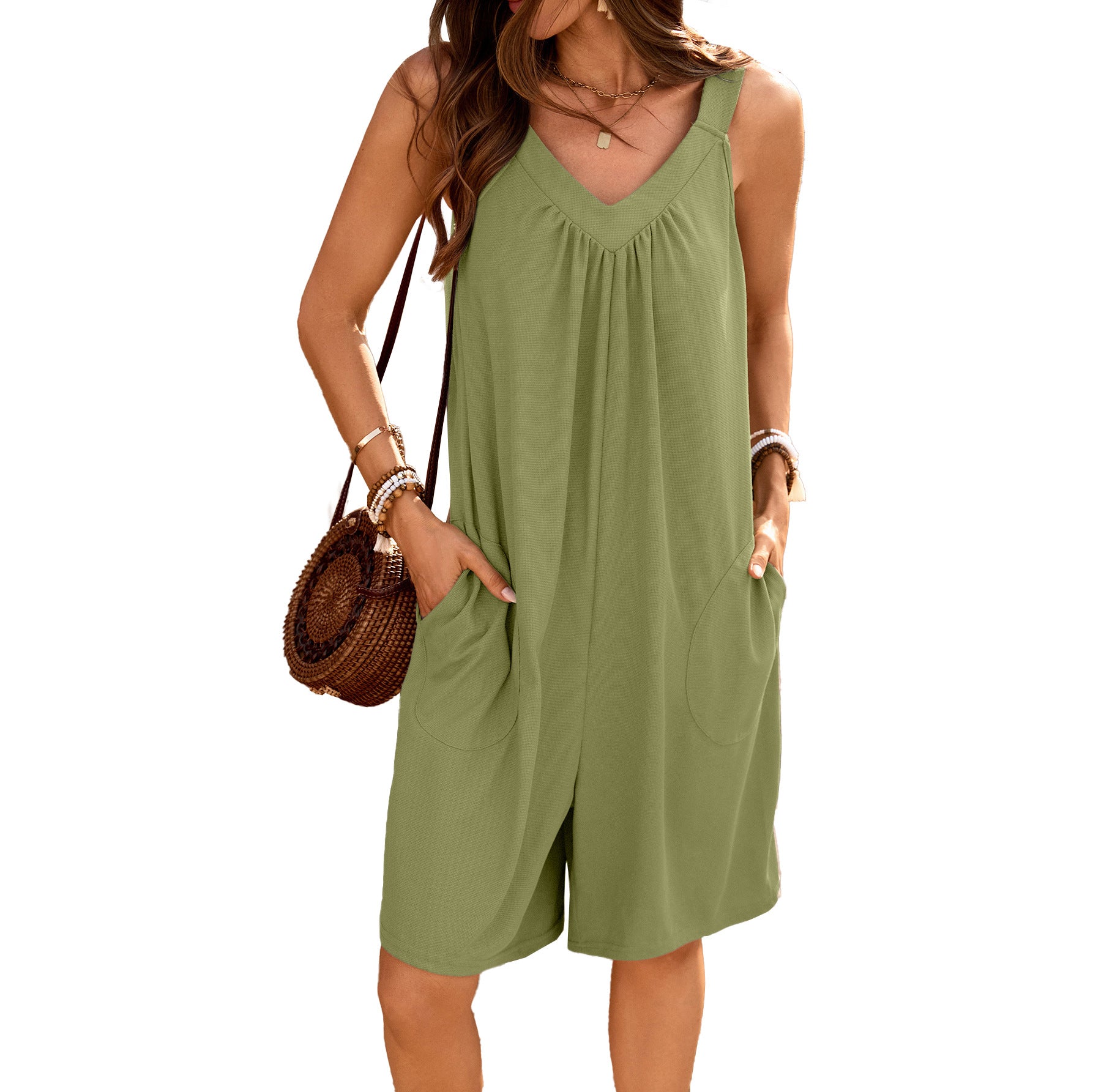Damen ärmelloses Jumpsuit mit tiefem V-Ausschnitt und praktischen Taschen WW