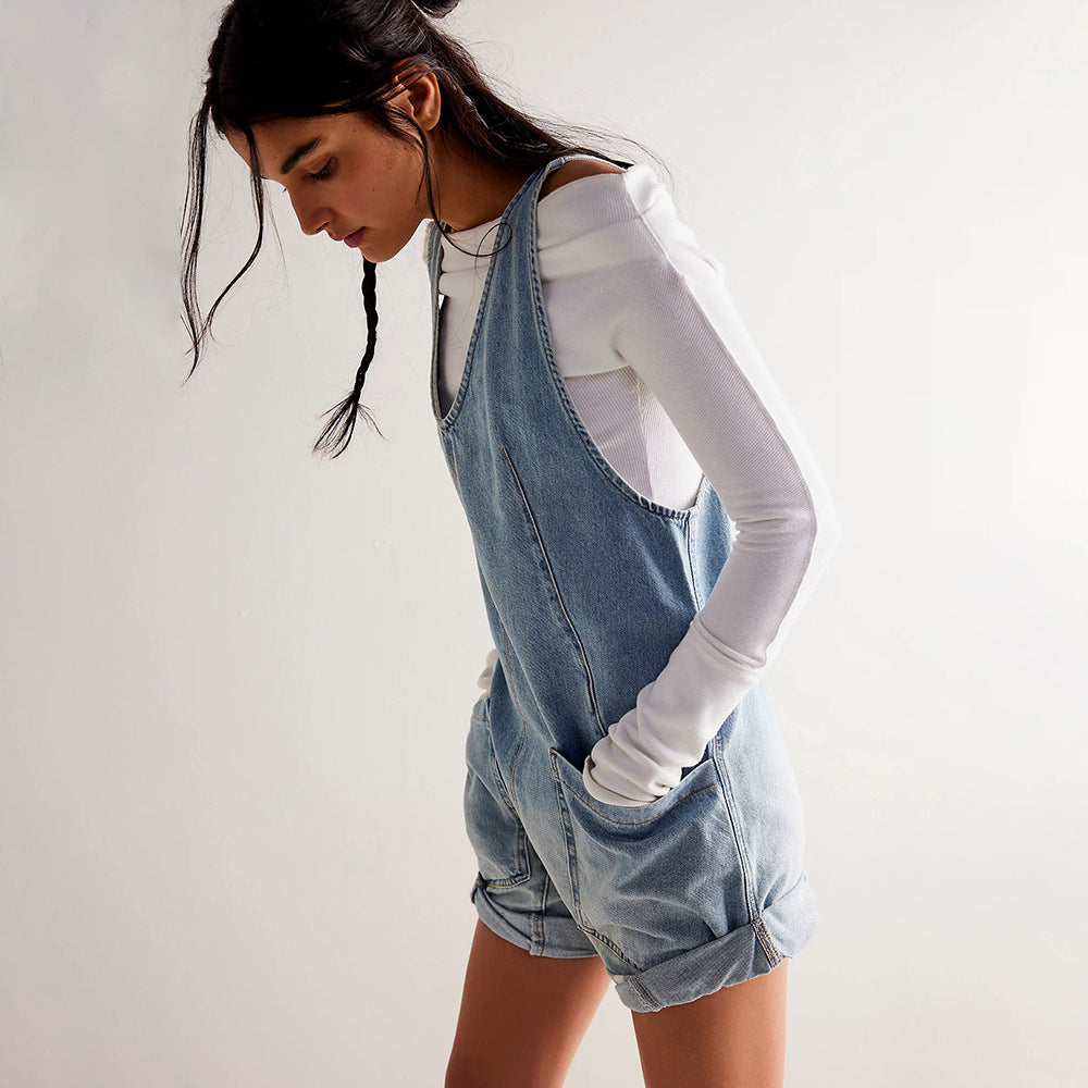 WW | Gewaschene Denim Adjustable Strap Shorts Jumpsuit