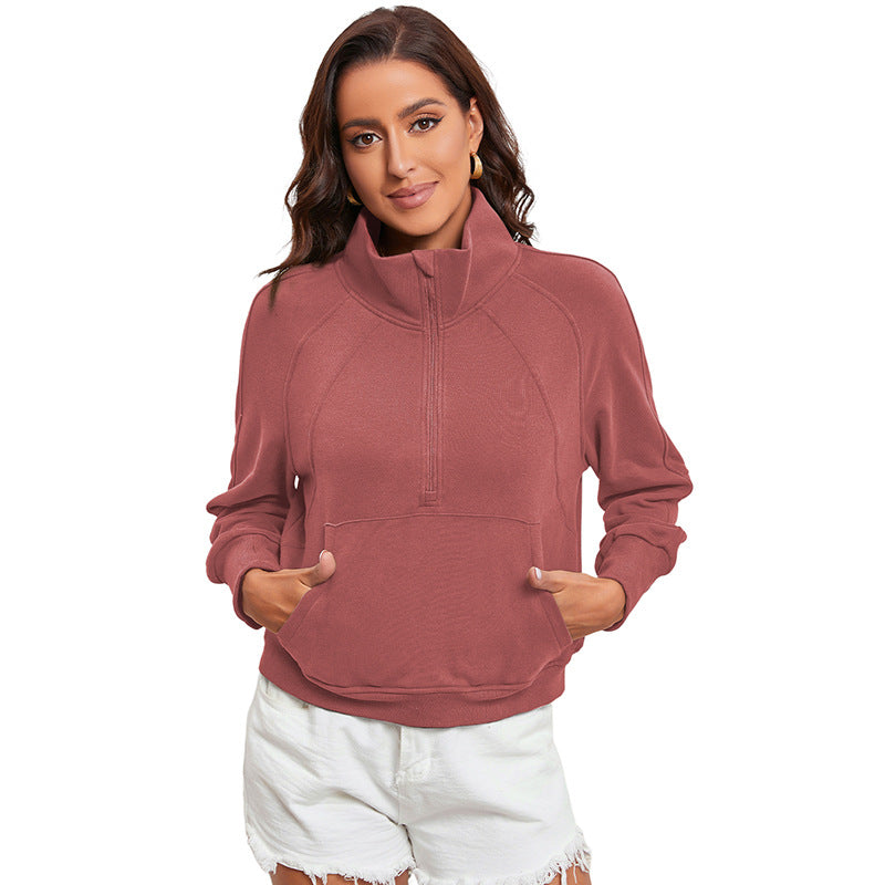 Damen lässiger Pullover mit halbem Reißverschluss und praktischen Taschen WW