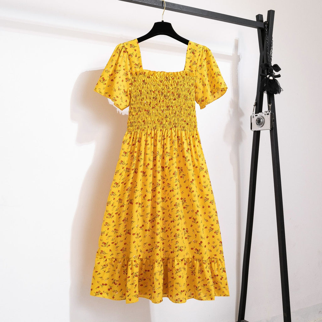 Damen Blumengemustertes Midikleid mit elastischer Taille und voluminösem Rock WW