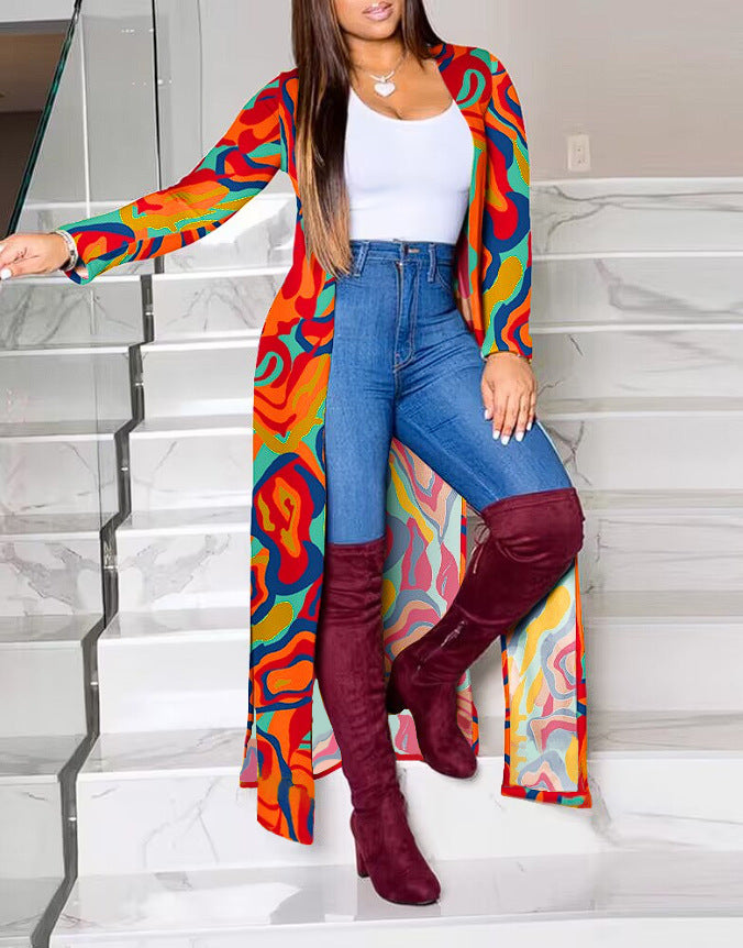 Damen Lange Strickjacke mit modernem grafischem Muster WW