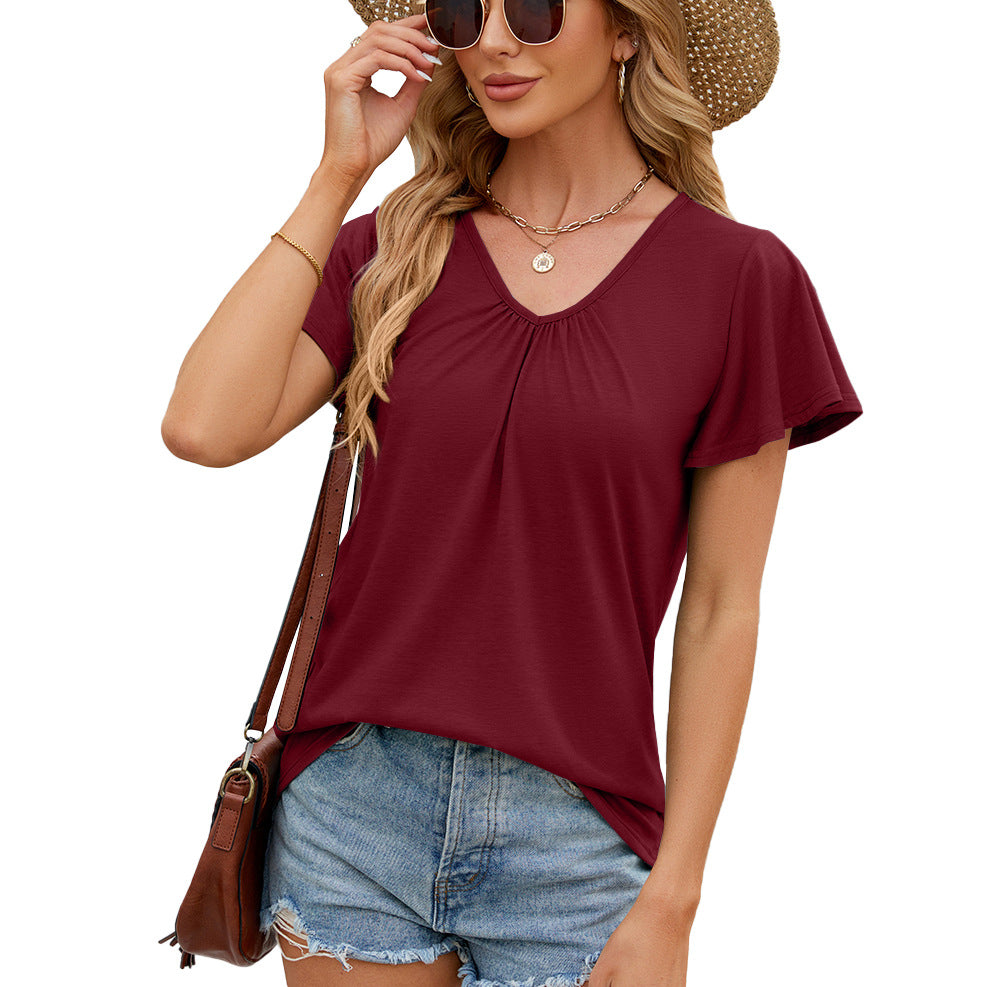 Damen V-Ausschnitt T-Shirt mit feiner Raffung und luftigen Ärmeln WW