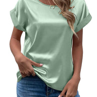 Damen modisches Satinoberteil mit lässigem Schnitt und kurzen Ärmeln WW