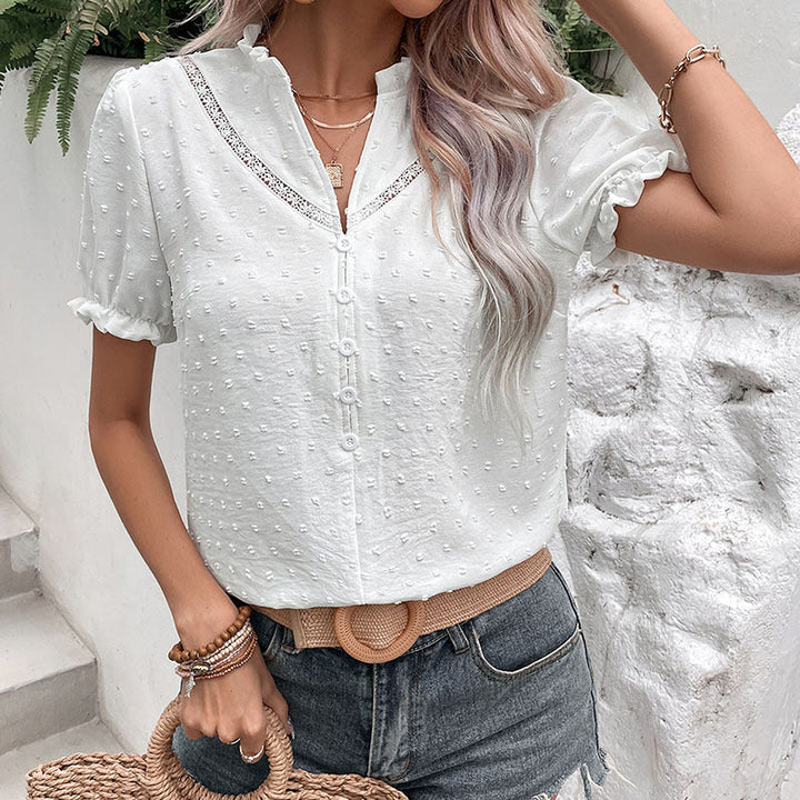 Damen Bluse mit dekorativem Spitzenbesatz und Knopfdetails W&W Mode