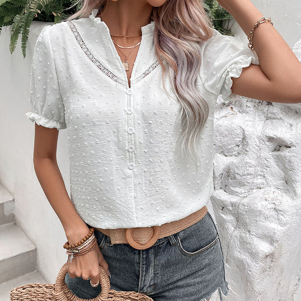 Damen Bluse mit dekorativem Spitzenbesatz und Knopfdetails WW