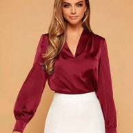 WW | V-Ausschnitt Langarm Satin Bluse