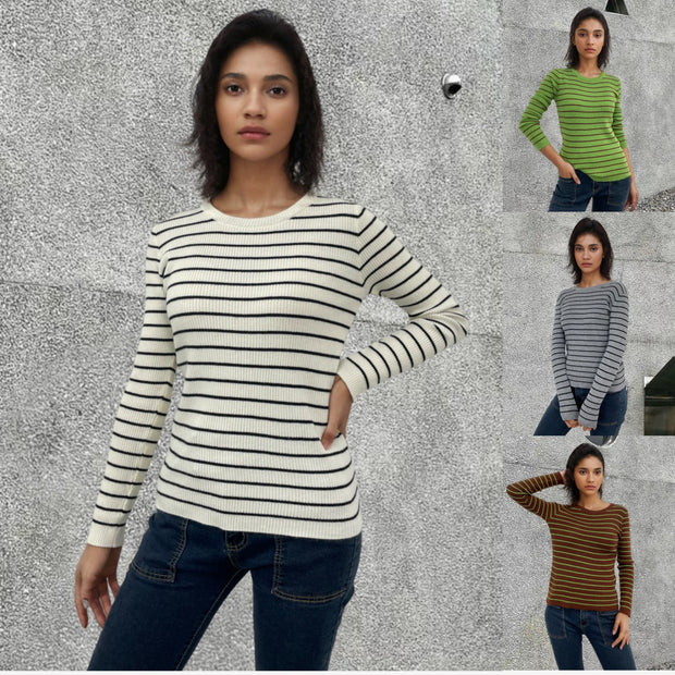Damen Rippstrickpullover mit Streifenmuster und langen Ärmeln WW