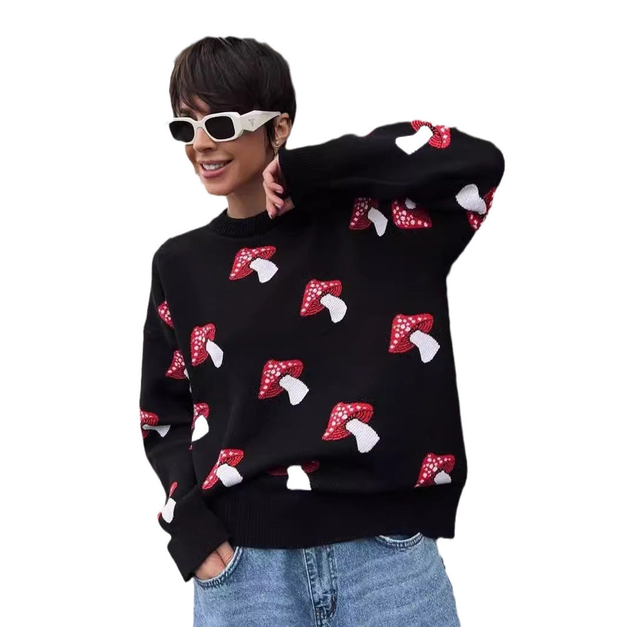 Damen Strickpullover mit verspieltem Pilzmotiv WW