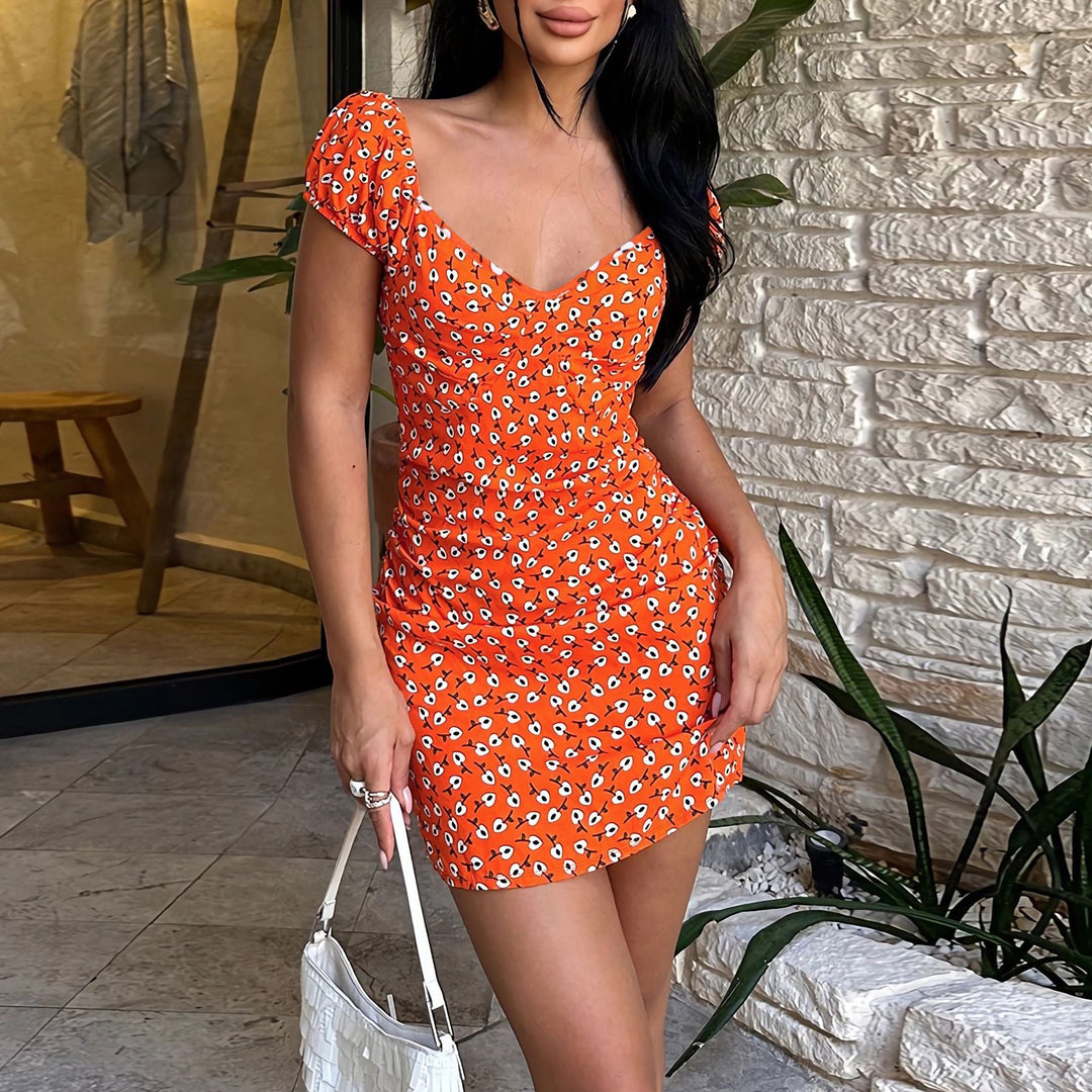 Damen Blütenmuster Mini-Kleid mit Puffärmeln W&W Mode