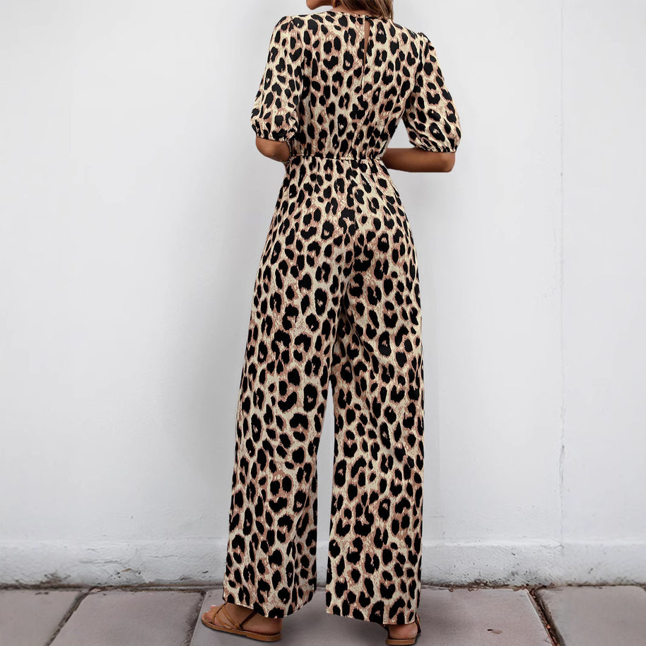 Damen Jumpsuit mit elegantem Wickelausschnitt und modischem Leopardenmuster WW
