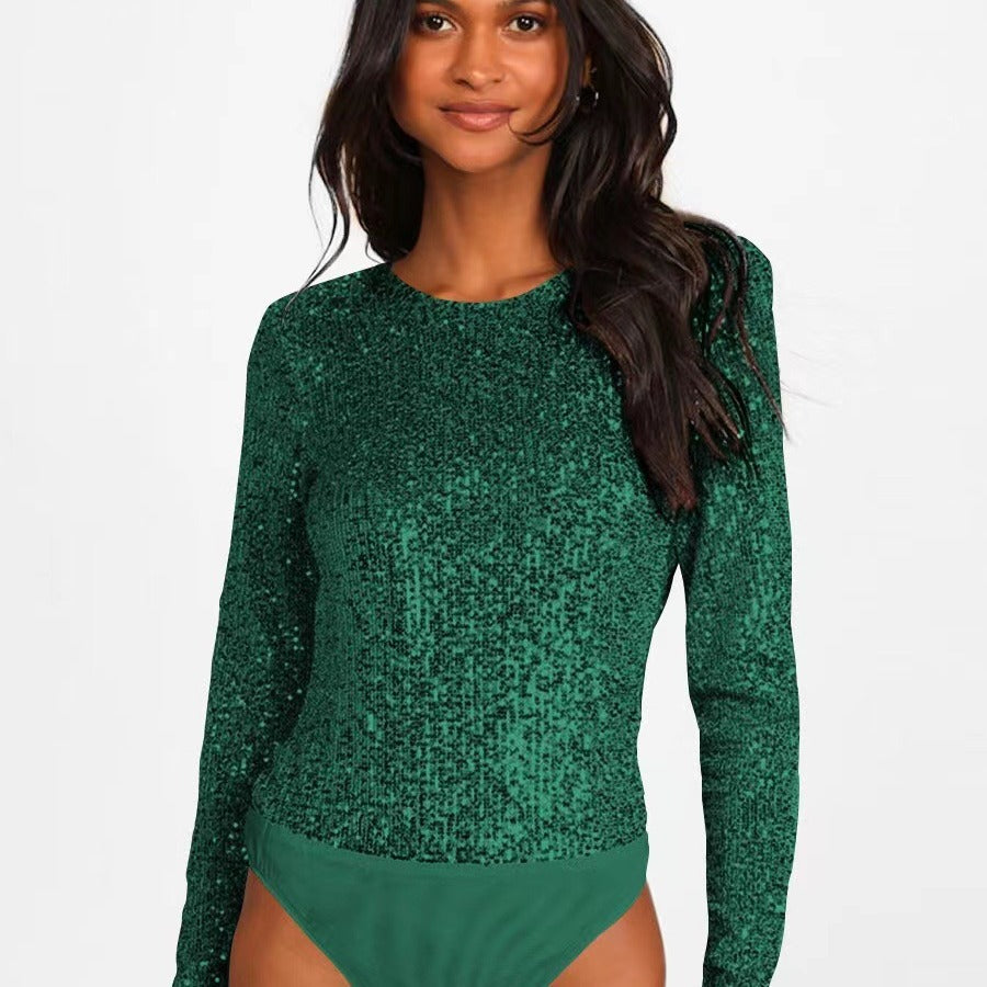 Damen Glitzernder Body mit langen Ärmeln und elegantem Design WW