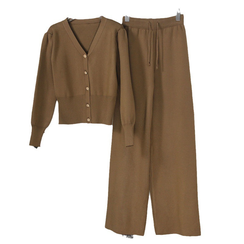 Damen raffinierter Zweiteiler aus Strick mit V-Ausschnitt und dekorativen Knöpfen WW