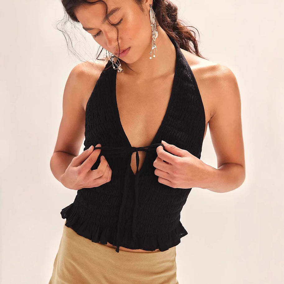 Damen ärmelloser Blus mit raffiniertem Schnitt und Bindeband WW