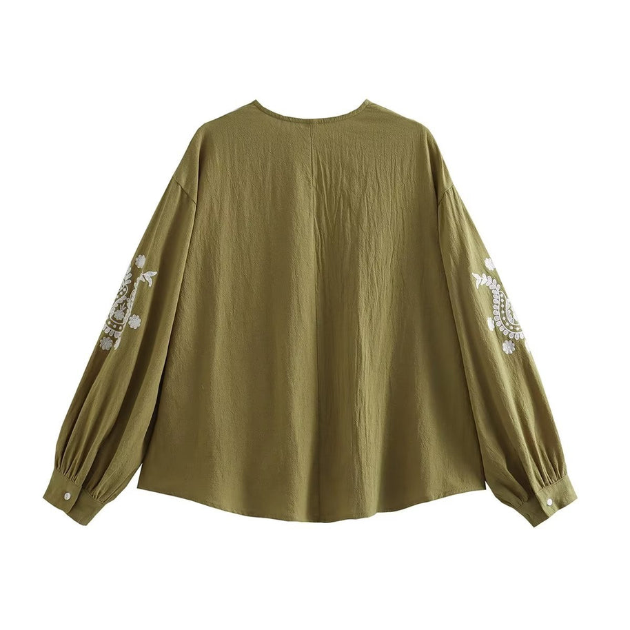 Damen bestickte Bluse mit Balloon-Ärmeln und V-Ausschnitt WW