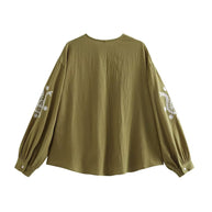 Damen bestickte Bluse mit Balloon-Ärmeln und V-Ausschnitt WW