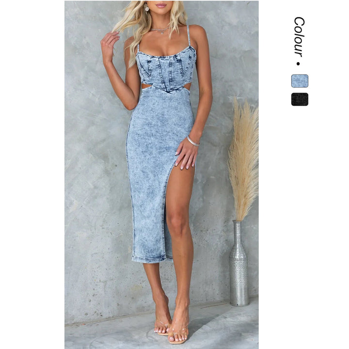Damen Denim-Midikleid mit spitzen Cut-Outs und sexy Schlitz W&W Mode