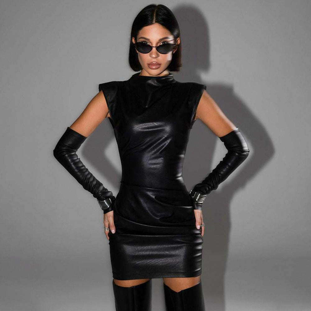 WW | Damen Kleidung Street Hipster Faux Leder Stehkragen Ohne Ärmel Oversleeve Rock Plissee Kleid
