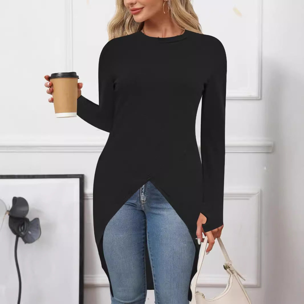 Damen asymmetrisches Long-Tunika Oberteil mit raffiniertem Wickeldesign W&W Mode