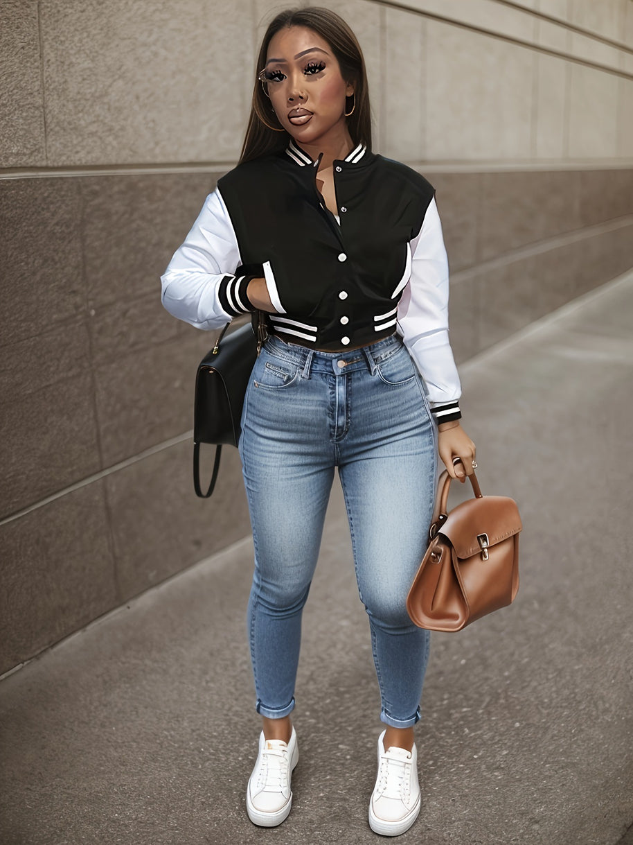 Damen Sportliche Varsity-Jacke mit Kontrastdetails und Knopfleiste WW