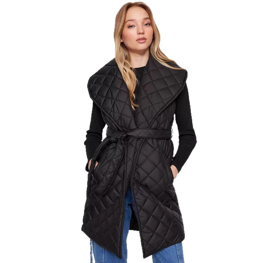 Damen Steppweste mit breitem Kragen und Taillengürtel WW